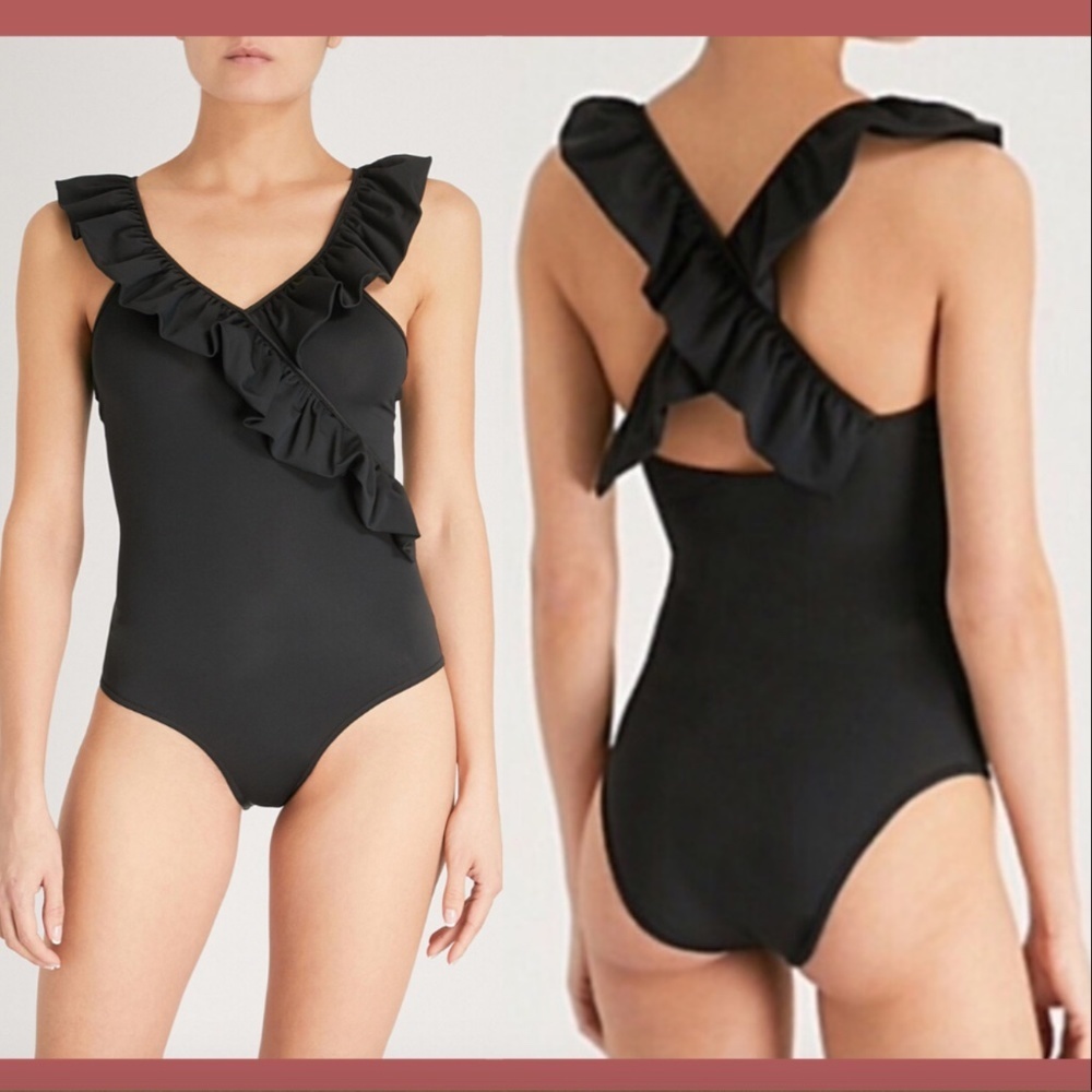 NWT $170 Maje Twiggy Ruffle‎ Swimsuit Black [ SZ 3 ]